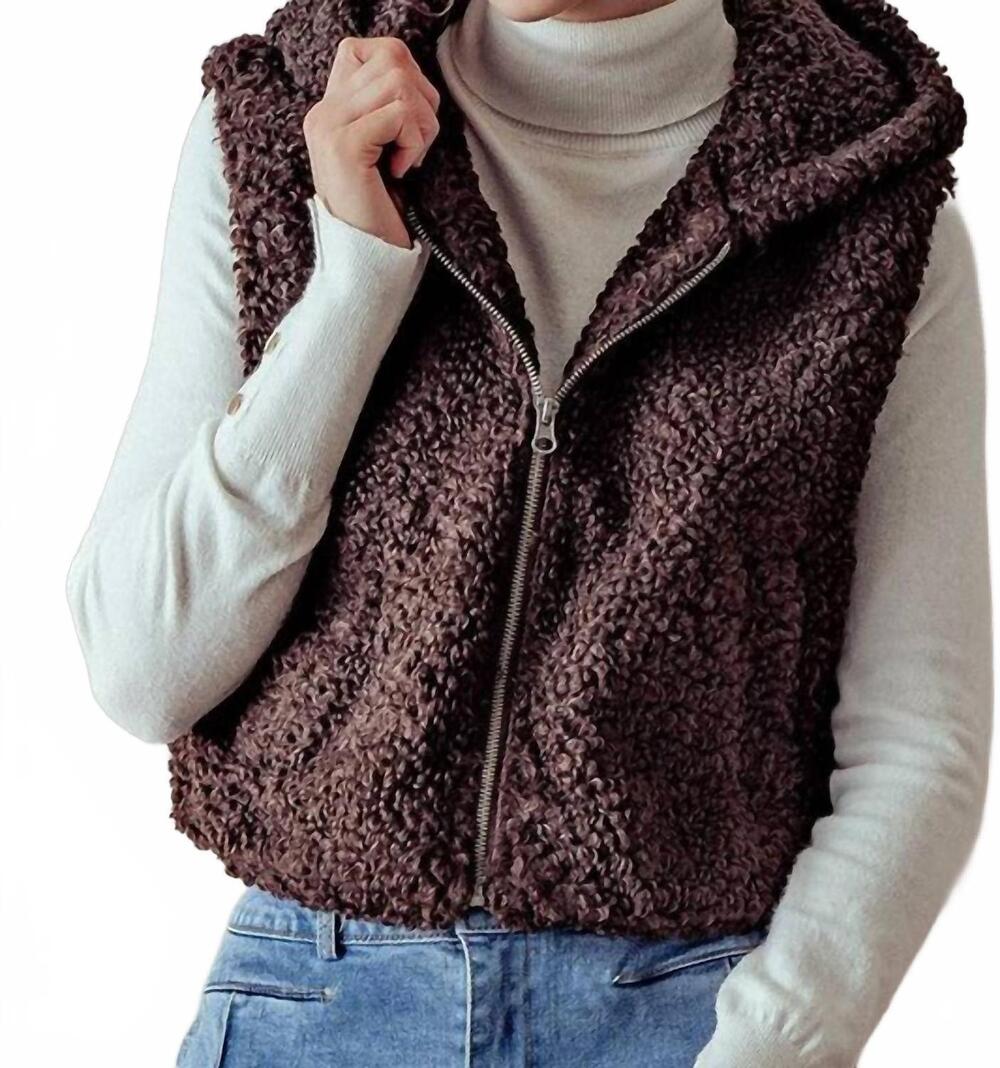 NEW TREND:NOTES zip up hoodie teddy crop vest in brown